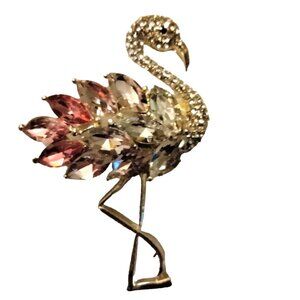 Pink Flamingo Brooch Pin Rhinestone Statement Coastal Tropical tiki Beachy